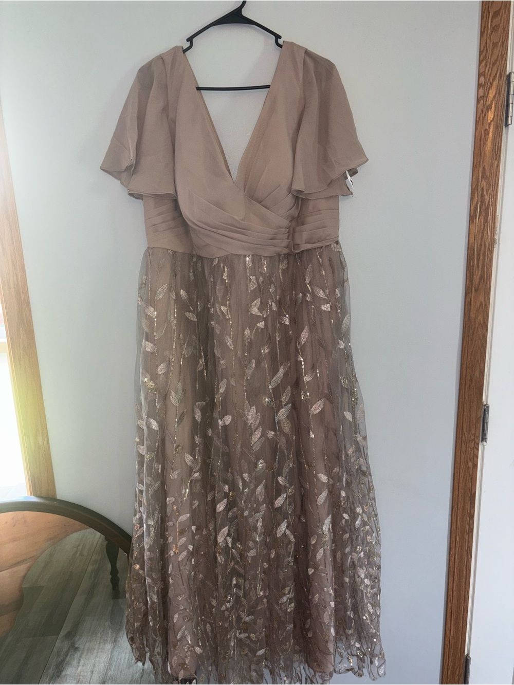 Elegant Taupe V-Neck Flutter Sleeve Dress
